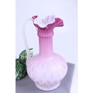 Mt Washington Antique Cased White And Pink Quilted Satin Glass 9” Pitcher